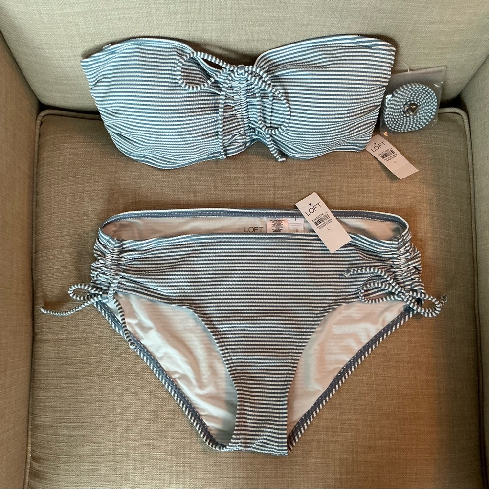NWT LOFT Bikini Top and Bottom. Blue Striped Seersucker Two Piece. Large